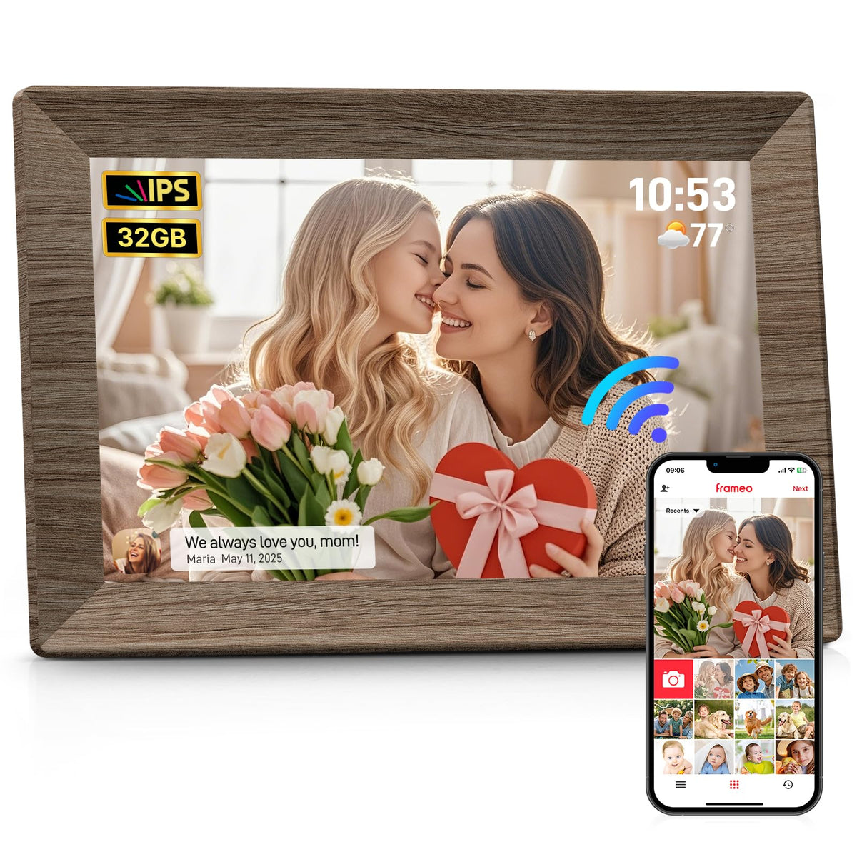 Frameo 10.1 Inch WiFi Digital Picture Frame, Smart Cloud Electronic Photo Frame with HD IPS Touch Screen Slideshow 32GB Memory Auto-Rotate Wall Mount, Share Photos/Videos from Phone - Gifts for Mom