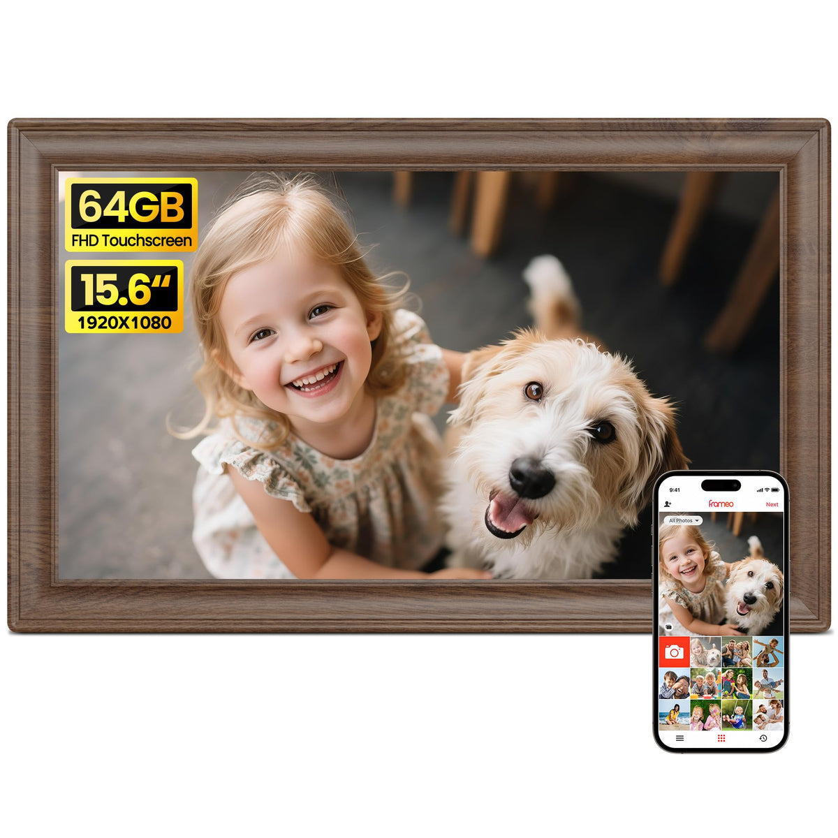 64GB 15.6" Frameo Digital Picture Frame WiFi, Large Electronic Photo Frames