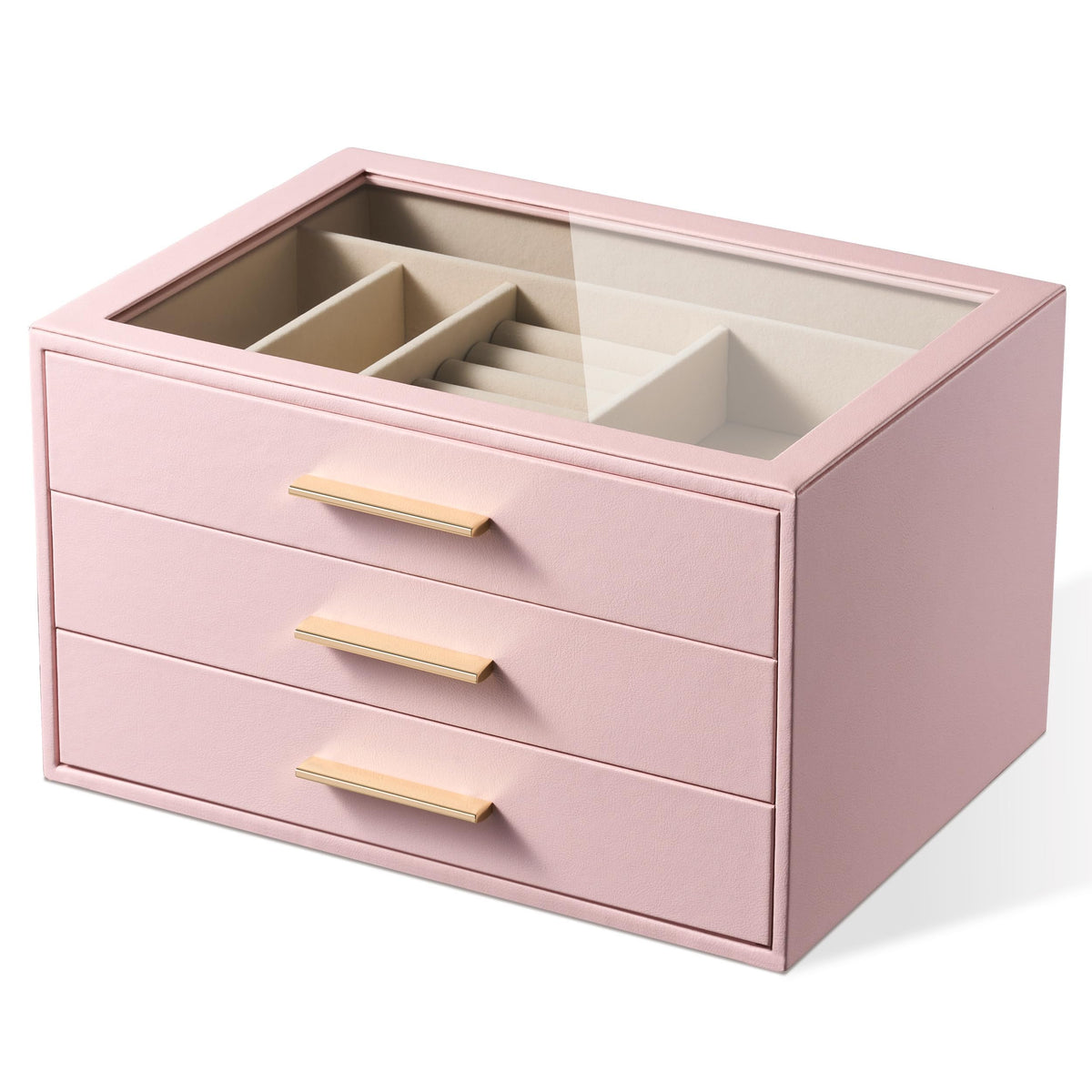 Jewelry Box Organizer Storage Case, 3-Layer with Glass Window, White