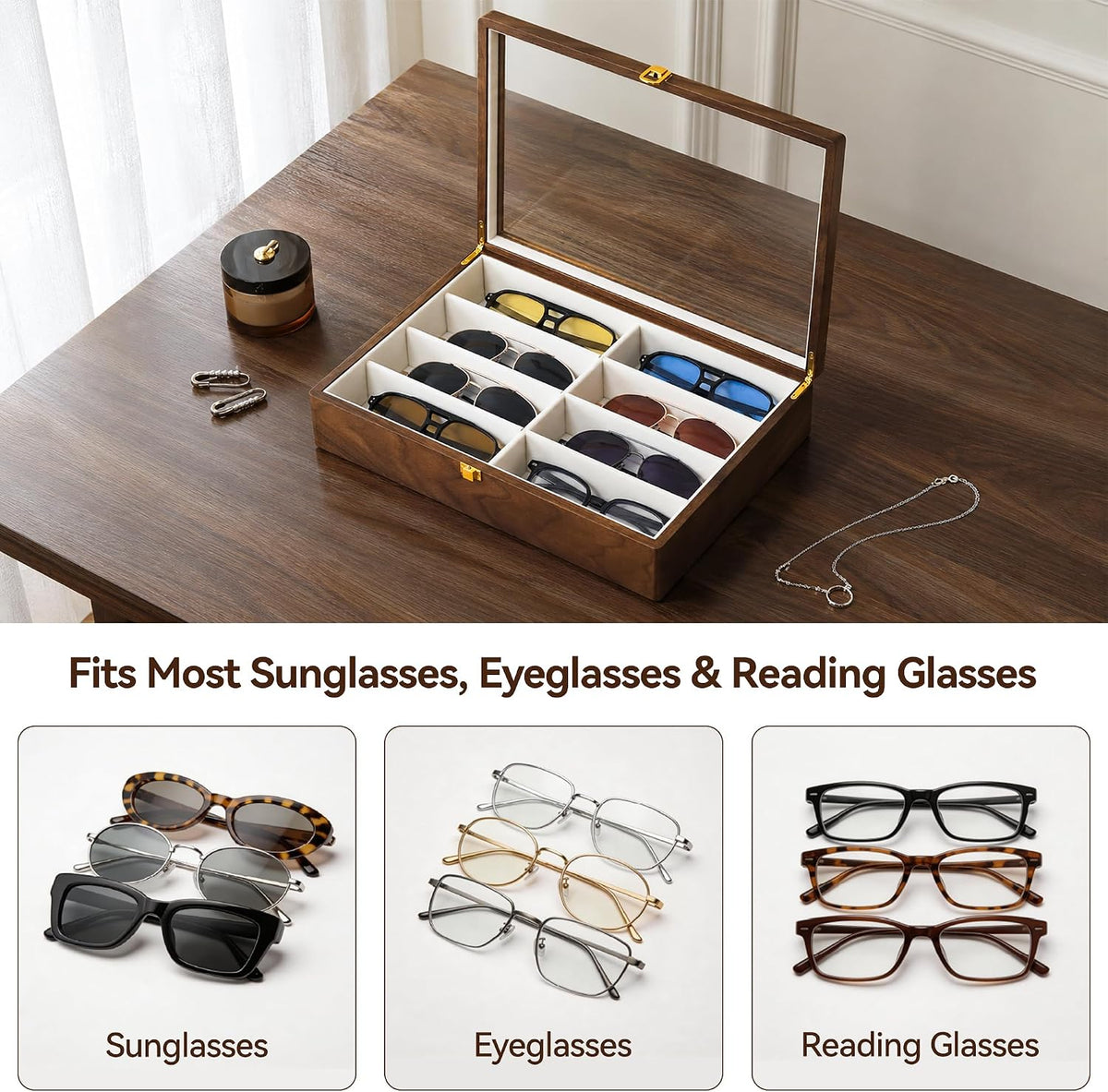 Black Walnut Sunglasses Organizer, 8 Slot Wooden Eyeglass Case for Men
