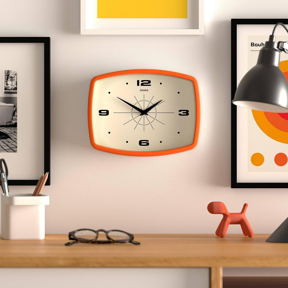JONES CLOCKS® Movie wall Clock | Rectangular Retro Clock | 10" | Orange