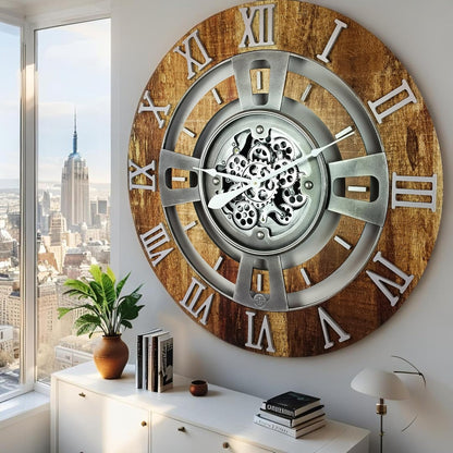 ImprovingLife The Gears Clock Real Moving Gear Wall Clock England Line (Vintage Brown, 36 inches (90 cm))