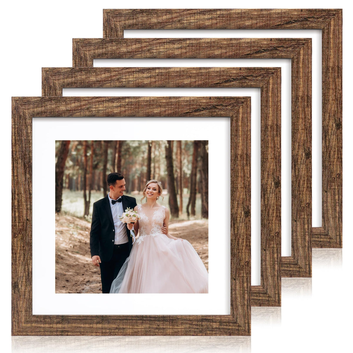 iRahmen 5x7 Picture Frame Set of 4, High Definition Real Glass Rustic Brown Frame, 5 x 7 Wood Photo Frames for Tabletop Display and Wall Mounting