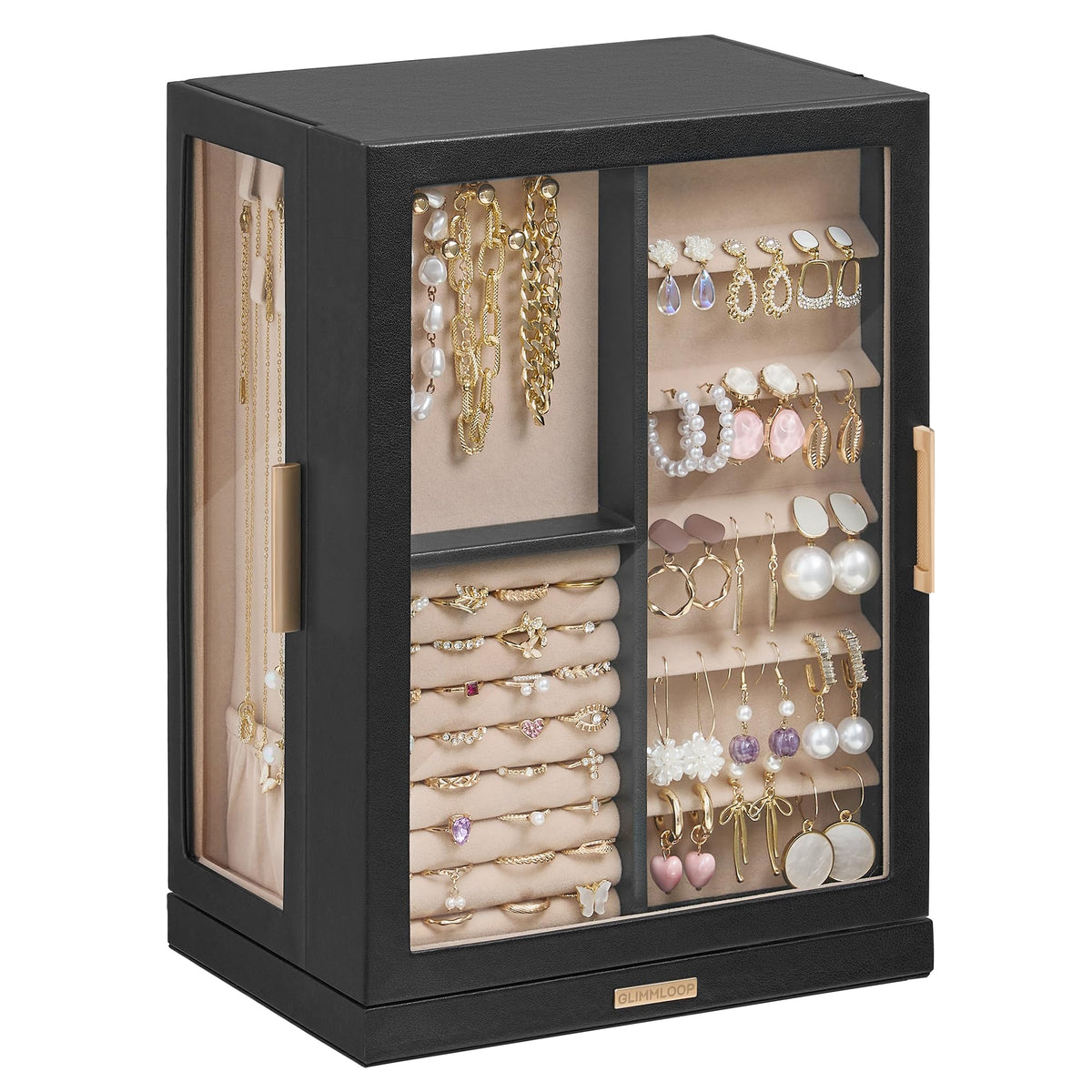 Glimmloop 360° Rotating Jewelry Box with 7 Drawers, Spacious Vertical Jewelry Organizer with Glass Window, Jewelry Storage Case, Dustproof & Moisture-resistant Design, White