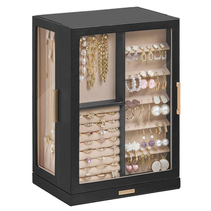 Glimmloop 360° Rotating Jewelry Box with 7 Drawers, Spacious Vertical Jewelry Organizer with Glass Window, Jewelry Storage Case, Dustproof & Moisture-resistant Design, White