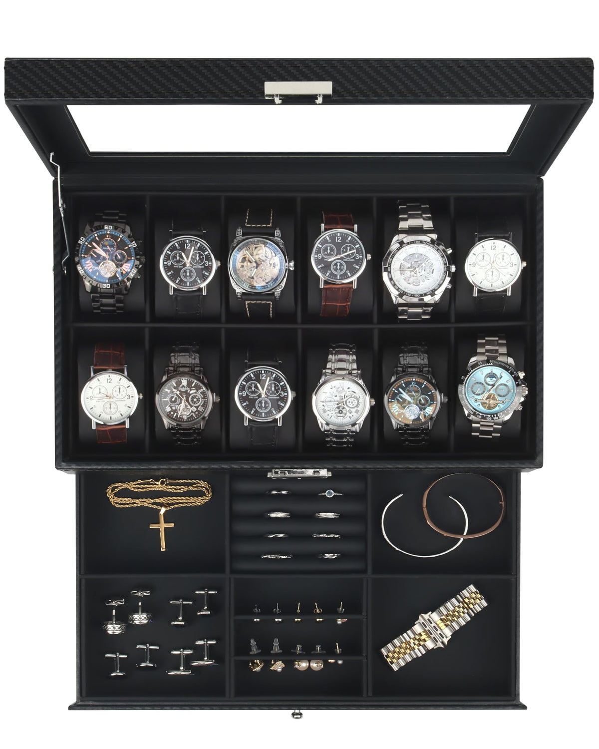 Kukikan Mens Jewelry Box Organizer, 6 Watch Slots & 3 Sunglasses -Black