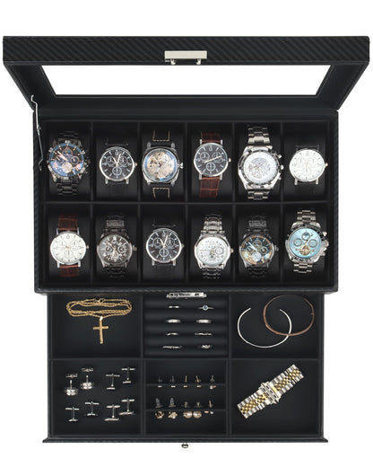 Kukikan Mens Jewelry Box Organizer, 6 Watch Slots & 3 Sunglasses -Black