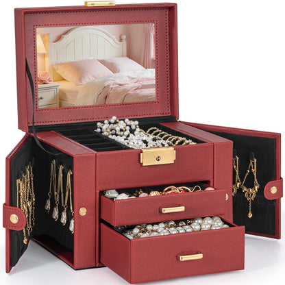 TORIBIO Jewelry Box for Women, Leather Jewelry Organizer with Mirror & Lock, 3-Tier Jewelry Storage Organizer with 2 Drawers for Girls/Women/Mothers, Necklace Earring Bracelets Holder Organizer