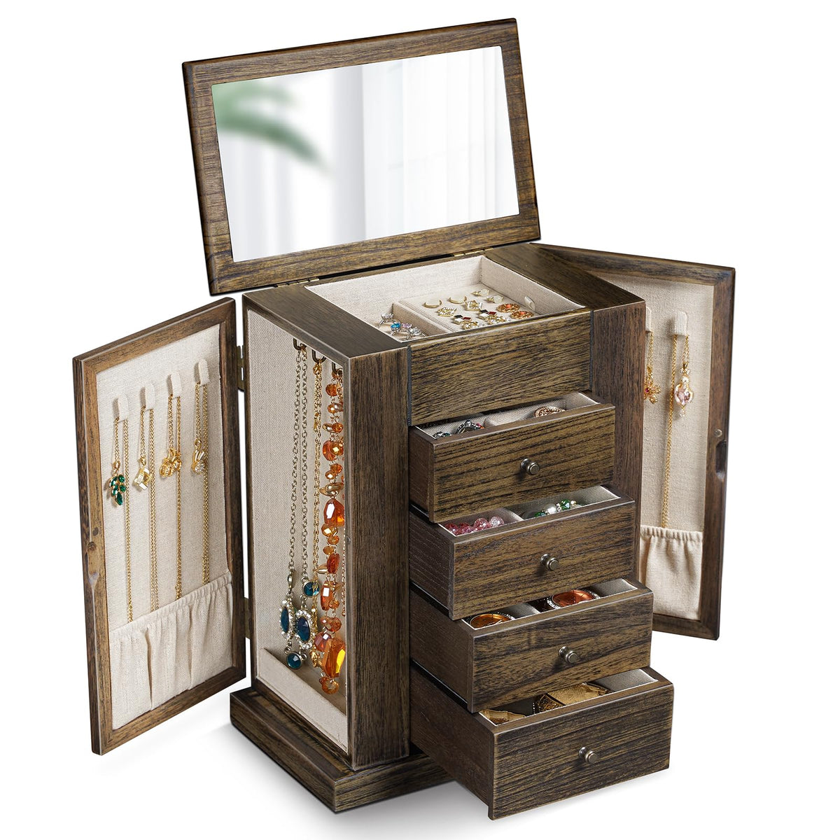 Emfogo Jewelry Box for Women, 5 Layer Large Wood Jewelry Boxes & Organizers for Necklaces Earrings Rings Bracelets, Rustic Jewelry Organizer Box with Drawers and Mirror(Weathered Gray)