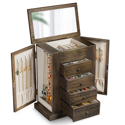 Emfogo Jewelry Box for Women, 5 Layer Large Wood Jewelry Boxes & Organizers for Necklaces Earrings Rings Bracelets, Rustic Jewelry Organizer Box with Drawers and Mirror(Weathered Gray)
