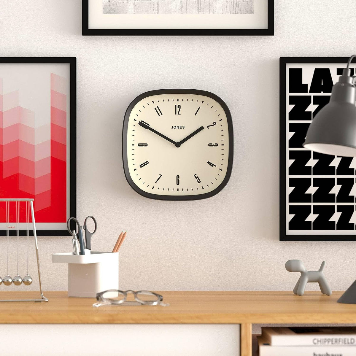JONES CLOCKS® Marvel wall Clock | Retro Rounded Square Clock | 10" | Black
