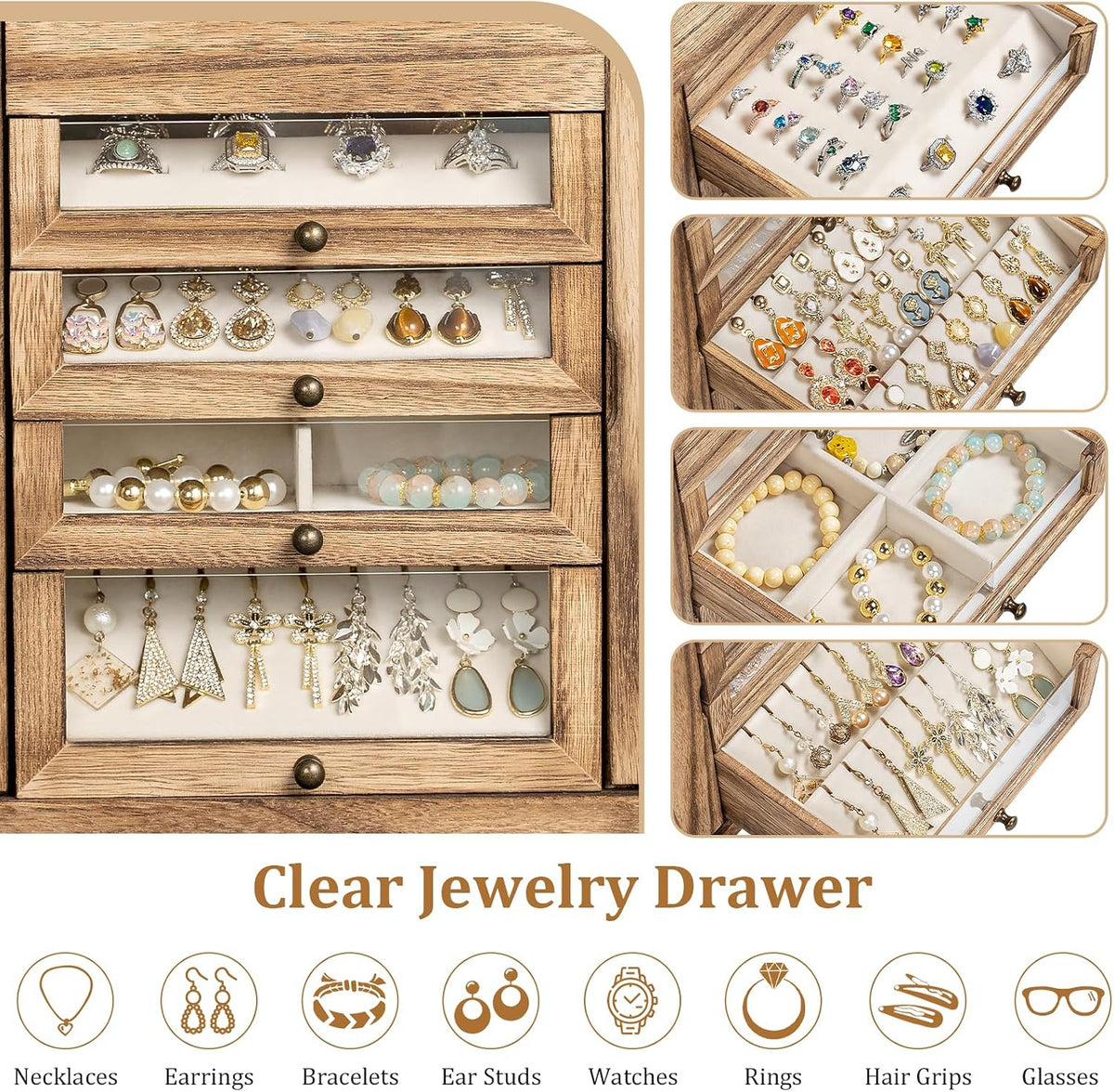Jewelry Box for Women，Wooden Jewelry Box with 4 Clear Drawers Rustic Brown