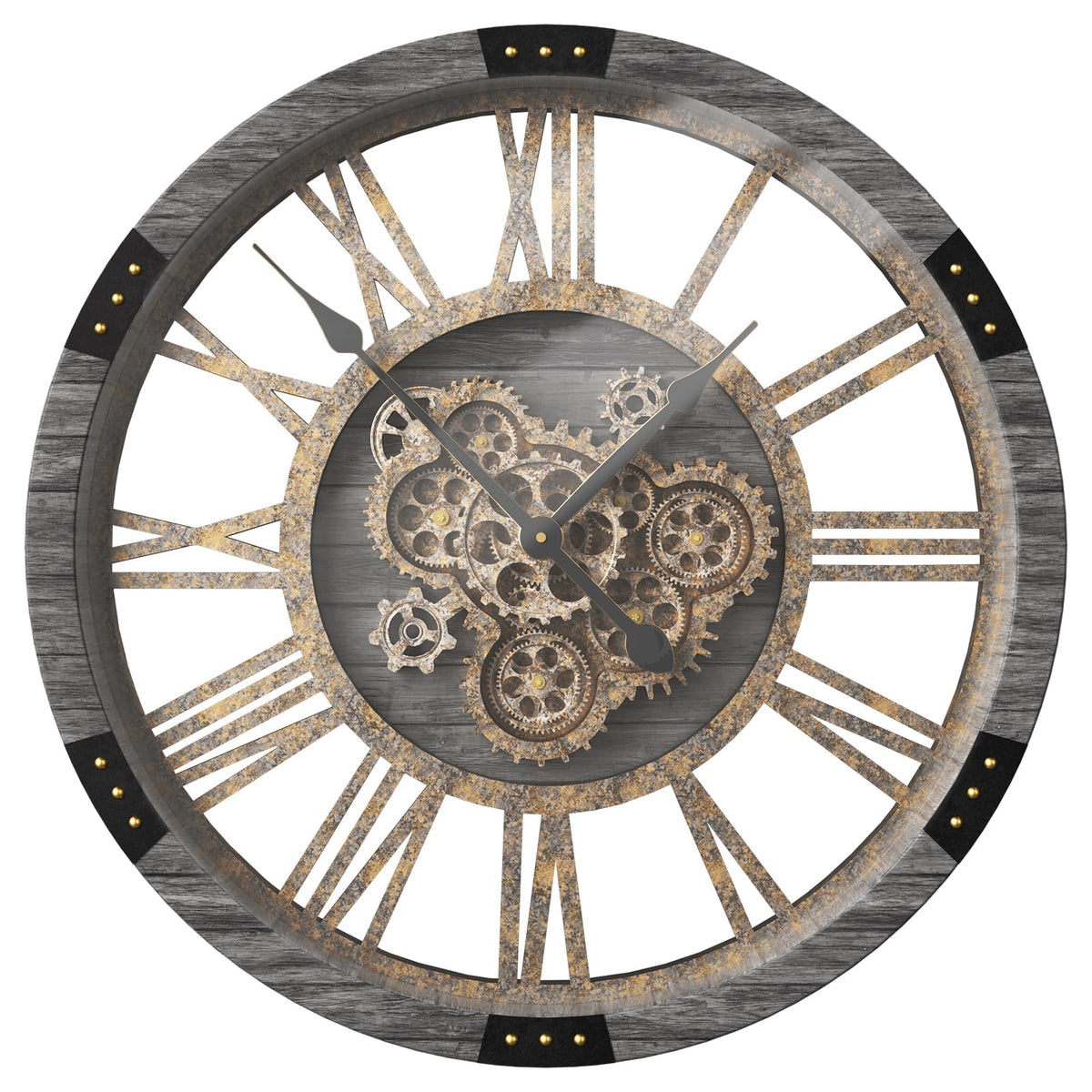 27 inch Large Real Moving Gears Wall Clock with Toughened Glass Cover, Oversized Solid Wood Retro Farmhouse Clock, Giant Decorative Rustic Wall Clock for Living Room Home Kitchen Office (Black)