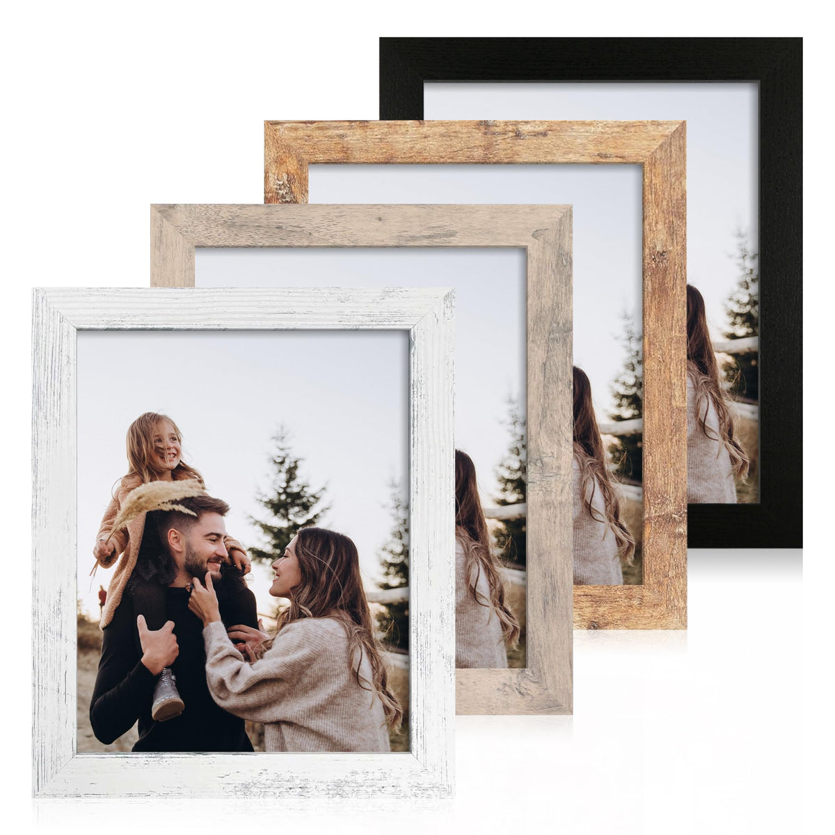 iRahmen 5x7 Picture Frame Set of 4, High Definition Real Glass Rustic Brown Frame, 5 x 7 Wood Photo Frames for Tabletop Display and Wall Mounting