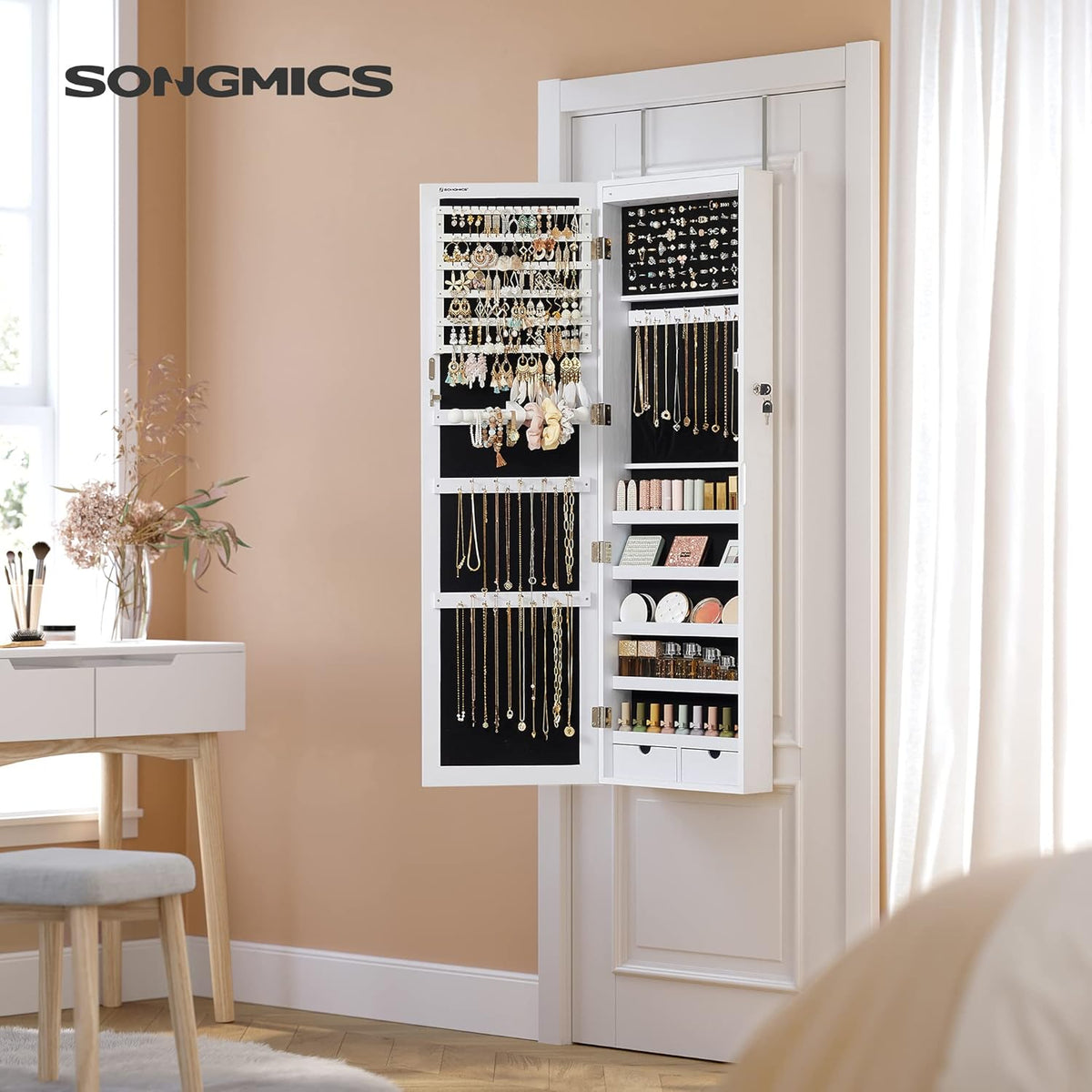 SONGMICS 6 LEDs Mirror Jewelry Cabinet, 47.2-Inch Tall Lockable Wall or Door Mounted Jewelry Armoire Organizer with Mirror, 2 Drawers, 3.9 x 14.6 x 47.2 Inches, White UJJC93W