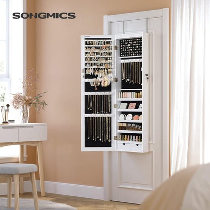 SONGMICS 6 LEDs Mirror Jewelry Cabinet, 47.2-Inch Tall Lockable Wall or Door Mounted Jewelry Armoire Organizer with Mirror, 2 Drawers, 3.9 x 14.6 x 47.2 Inches, White UJJC93W