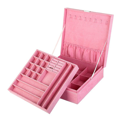 Two-Layer lint Jewelry Box Organizer Display Storage case with Lock (Blue)
