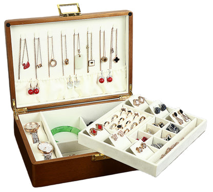 2 Layer Anti Tarnish Solid Wood Jewelry Organizer Box with Lock