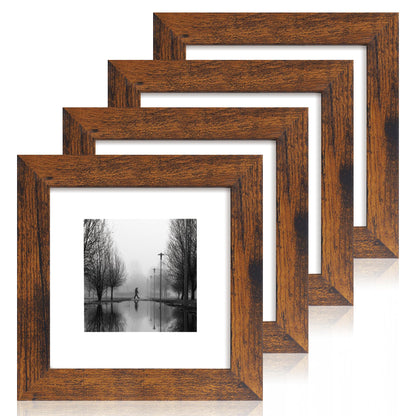 iRahmen 5x7 Picture Frame Set of 4, High Definition Real Glass Rustic Brown Frame, 5 x 7 Wood Photo Frames for Tabletop Display and Wall Mounting
