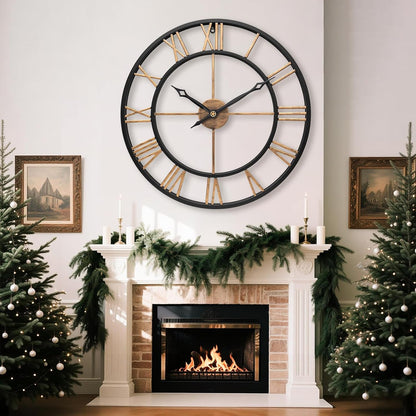 30 Inch Metal Large Wall Clock with Vintage Gold Roman Numerals