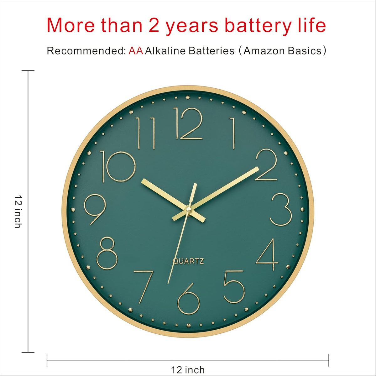 Foxtop 12" Modern Wall Clock Silent Battery Operated Clock, Green Gold