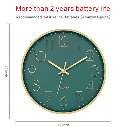 Foxtop 12" Modern Wall Clock Silent Battery Operated Clock, Green Gold