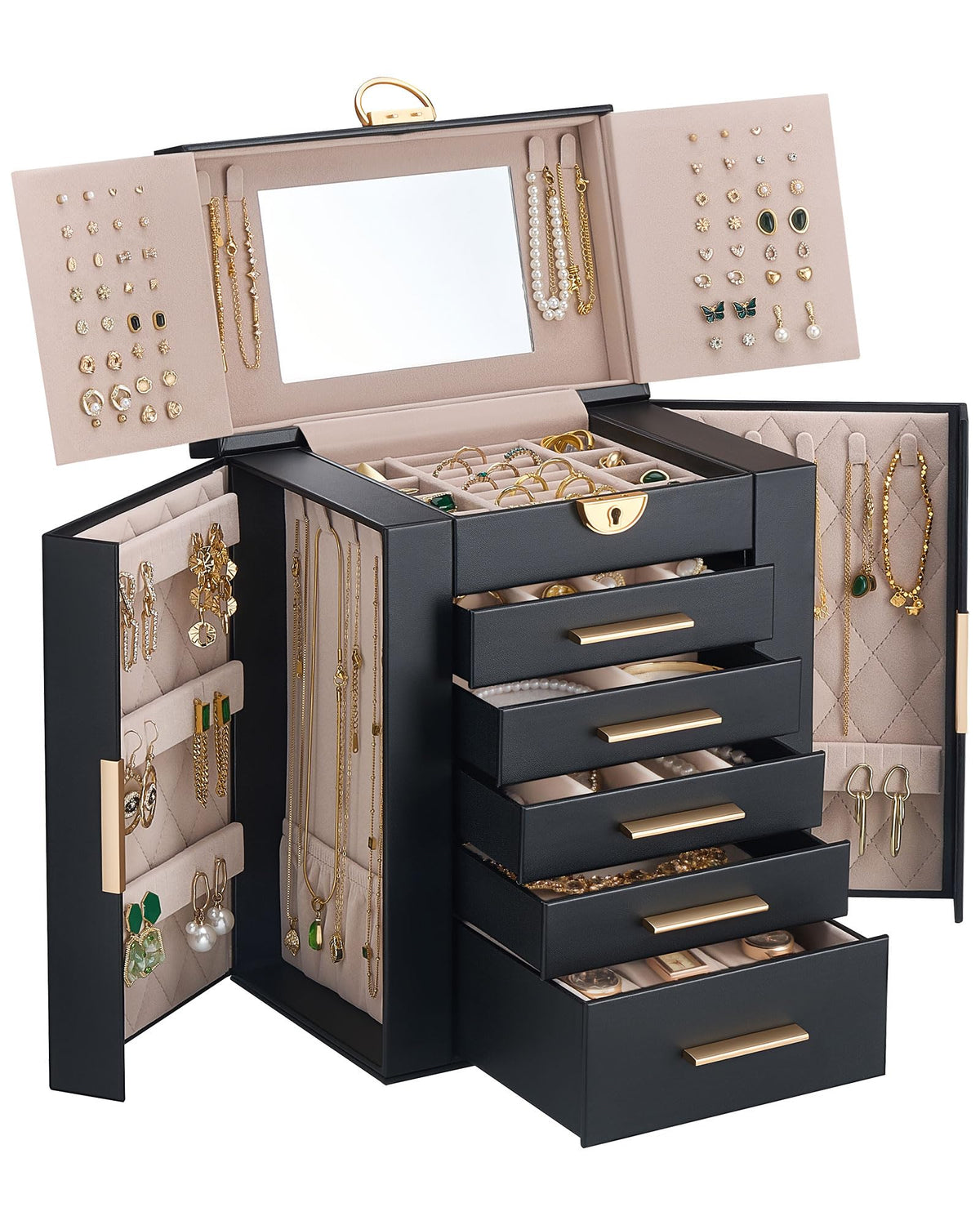 Lolalet Large Jewelry Box, 6-Layer Jewelry Organizer with 5 Drawers -Beige