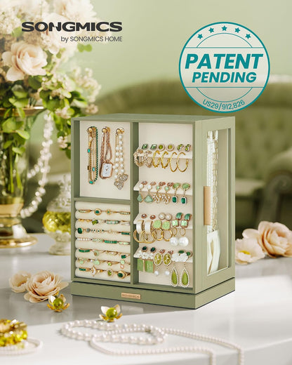 SONGMICS Jewelry Box Organizer, 360° Rotating, 5 Drawers, Laurel Green