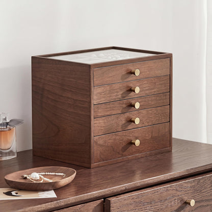 Black Walnut Wooden Women Jewelry Box with Glass Lid, 4 Layer
