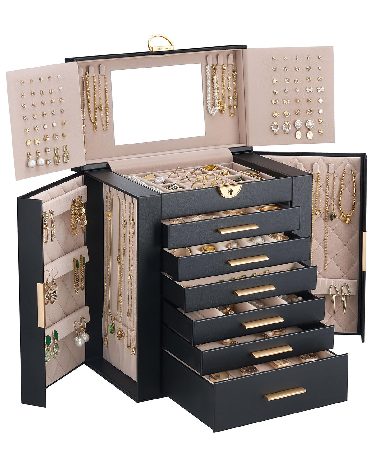 Lolalet Large Jewelry Box, 6-Layer Jewelry Organizer with 5 Drawers -Beige