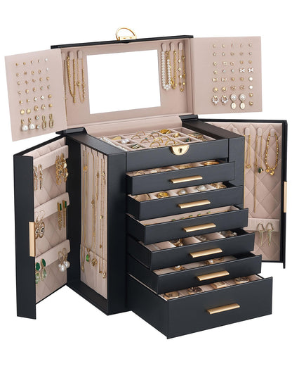 Lolalet Large Jewelry Box, 6-Layer Jewelry Organizer with 5 Drawers -Beige