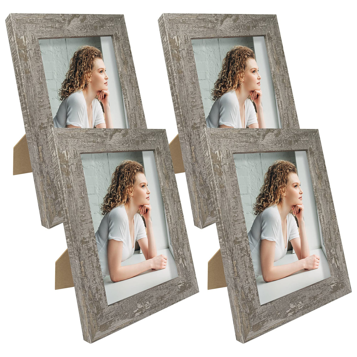 iRahmen 5x7 Picture Frame Set of 4, High Definition Real Glass Rustic Brown Frame, 5 x 7 Wood Photo Frames for Tabletop Display and Wall Mounting