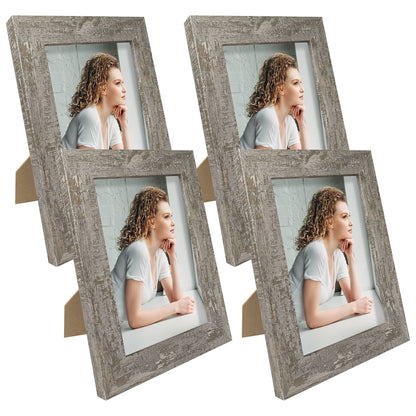 iRahmen 5x7 Picture Frame Set of 4, High Definition Real Glass Rustic Brown Frame, 5 x 7 Wood Photo Frames for Tabletop Display and Wall Mounting