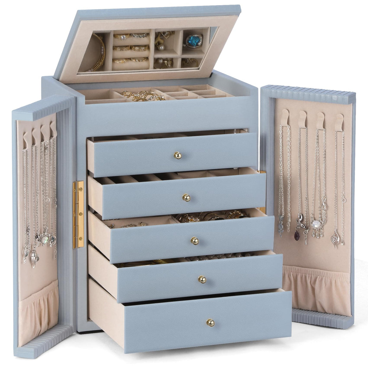 Dajasan Large Jewelry Organizer Box, Jewelry Boxes for Women Girls, 6-Tier Jewelry Storage Organizer with Mirror for Necklace Ring Bracelet Watch, Gift Idea (Beige)