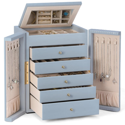 Dajasan Large Jewelry Organizer Box, 6-Tier Jewelry Storage Case with 5 Drawers, Jewelry Boxes for Women Girls with Mirror, Double Door, Textured PU Leather, Gift Idea, Stylish (Black + Gold)
