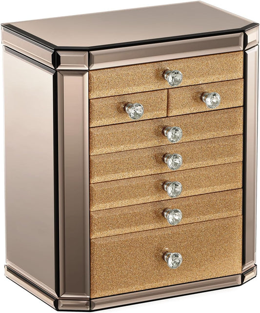 High End Glass Jewelry Box for Women, 7 Layer, Gold