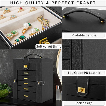 AKOZLIN 6-Tier Jewelry Box Organizer 5 Drawers Storage Black Regular
