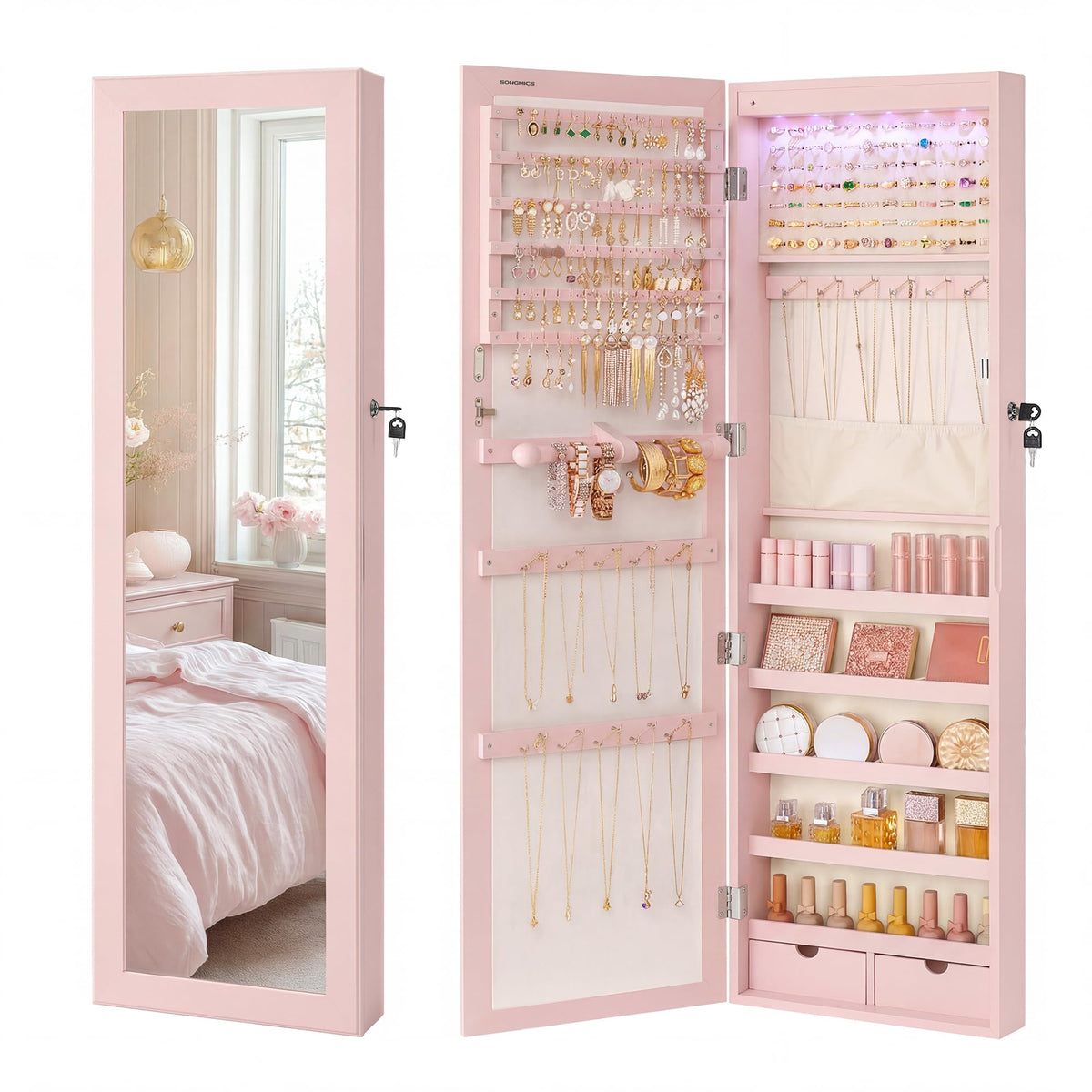 SONGMICS 6 LEDs Mirror Jewelry Cabinet, 47.2-Inch Tall Lockable Wall or Door Mounted Jewelry Armoire Organizer with Mirror, 2 Drawers, 3.9 x 14.6 x 47.2 Inches, White UJJC93W
