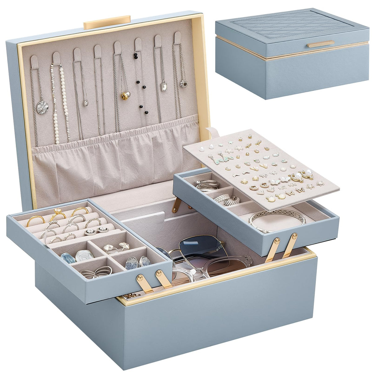 Lolalet Jewelry Box for Women Girls, 2 Layer Jewelry Organizer -Cream