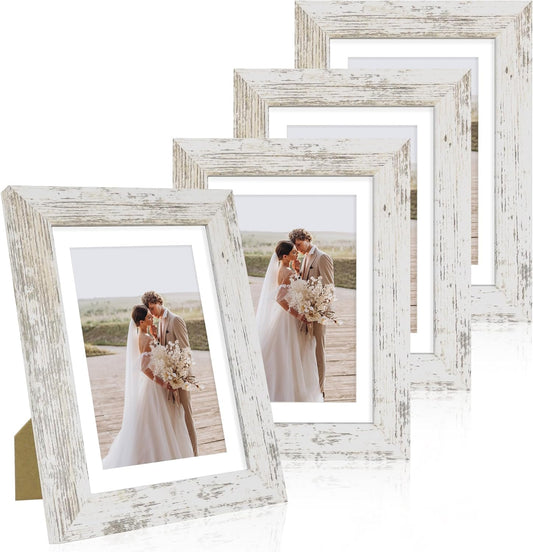 Hongkee 5x7 Picture Frame Set of 4, Real Glass and Wooden Frame, 4x6 Mat