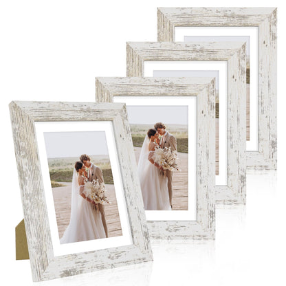 Hongkee 5x7 Picture Frame Set of 4, Real Glass and Wooden Frame, 4x6 Mat