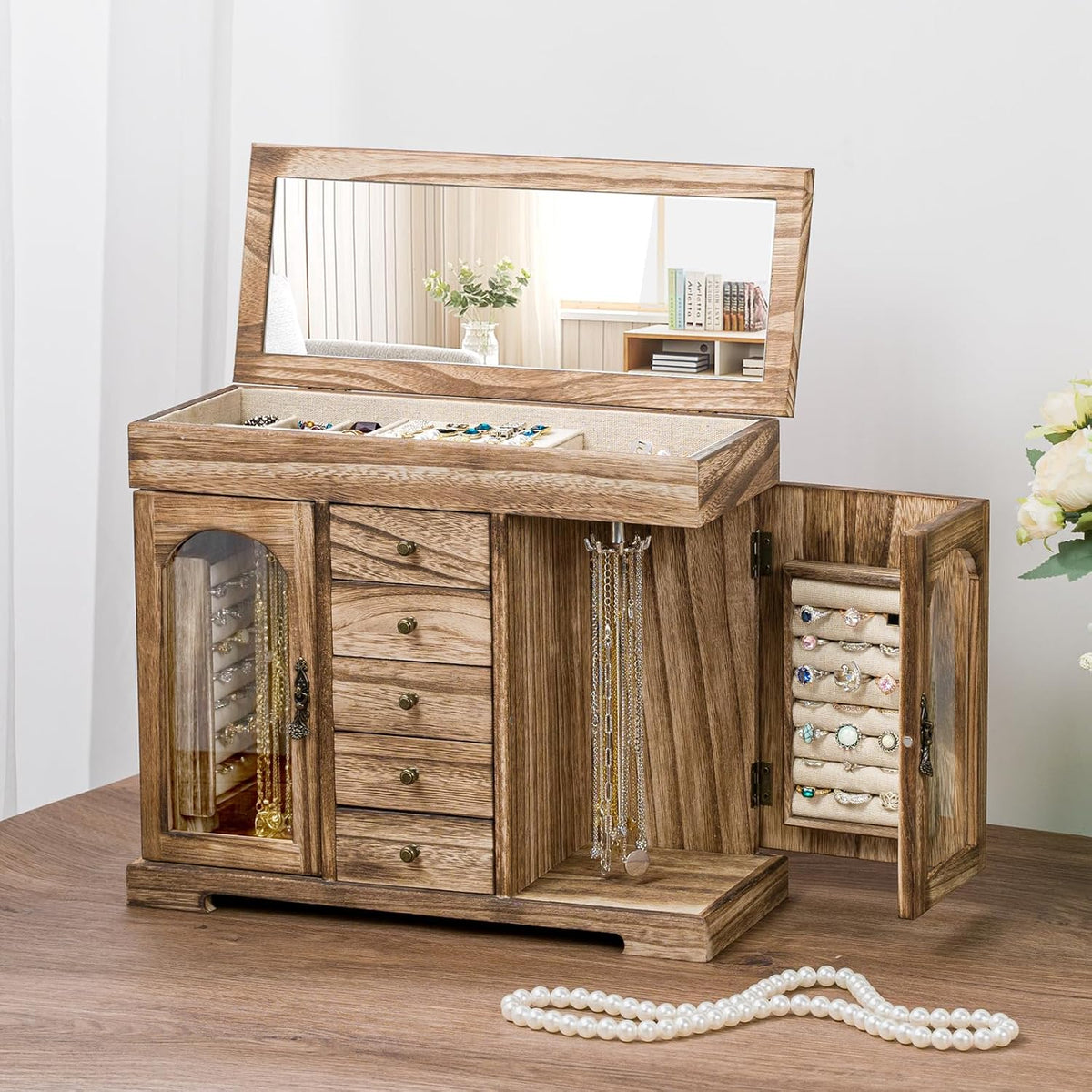 Miratino Jewelry Box for Women Girls, Rustic Wooden Jewelry Organizer Box with Mirror, 5 Layer Jewelry Storage Case Display for Necklaces Earrings Rings Bracelets Valentine's Day Gifts