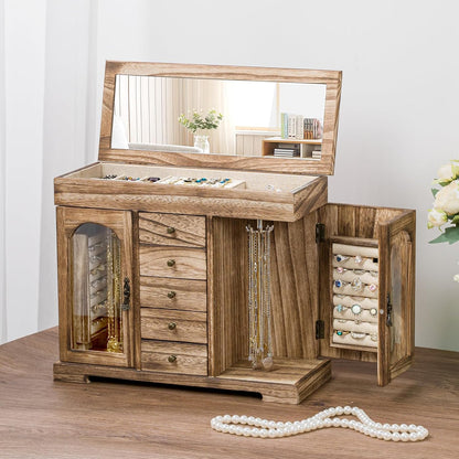 Miratino Jewelry Box for Women Girls, Rustic Wooden Jewelry Organizer Box with Mirror, 5 Layer Jewelry Storage Case Display for Necklaces Earrings Rings Bracelets Valentine's Day Gifts