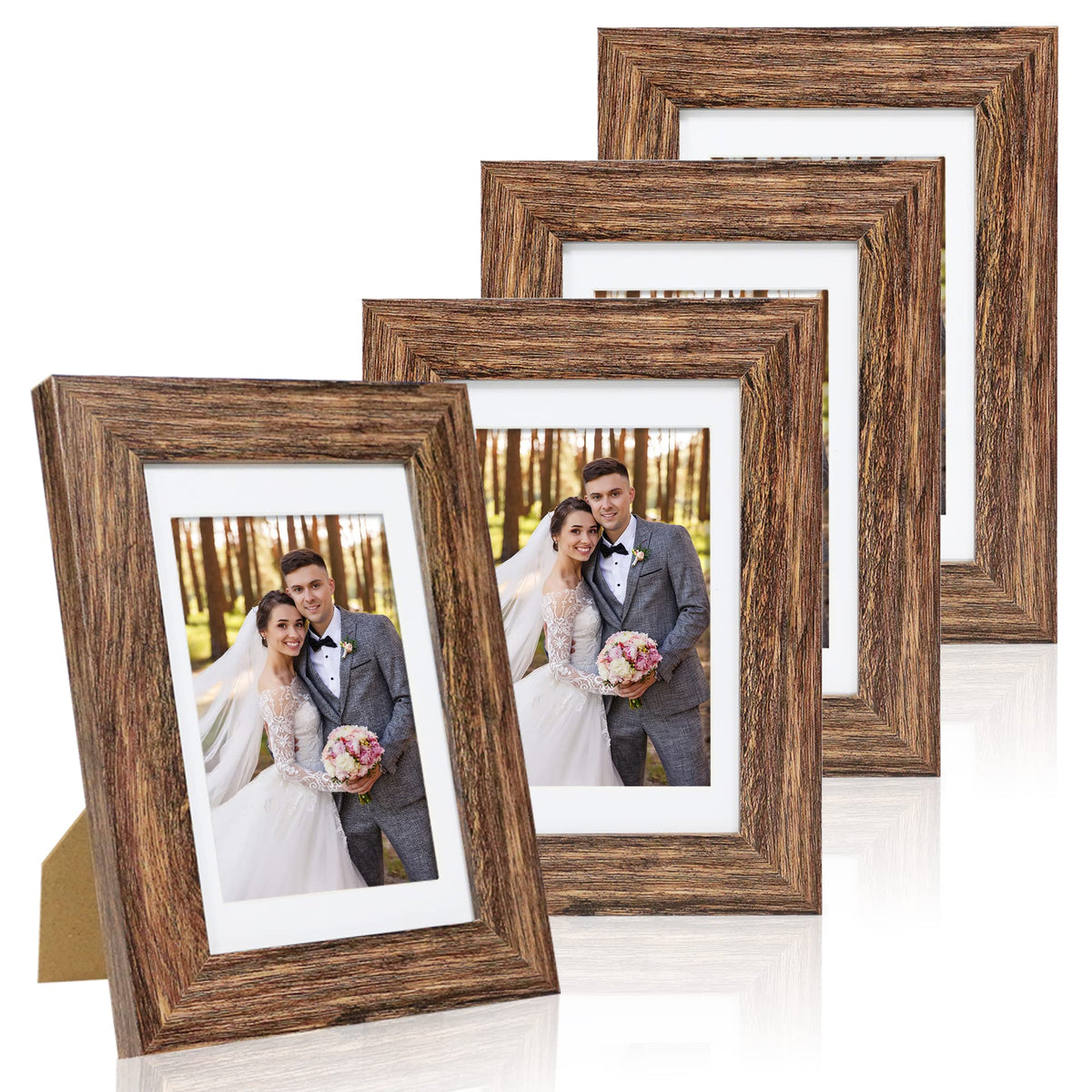 Hongkee 5x7 Picture Frame Set of 4, Real Glass and Wooden Frame, 4x6 Mat