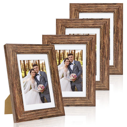 Hongkee 5x7 Picture Frame Set of 4, Real Glass and Wooden Frame, 4x6 Mat
