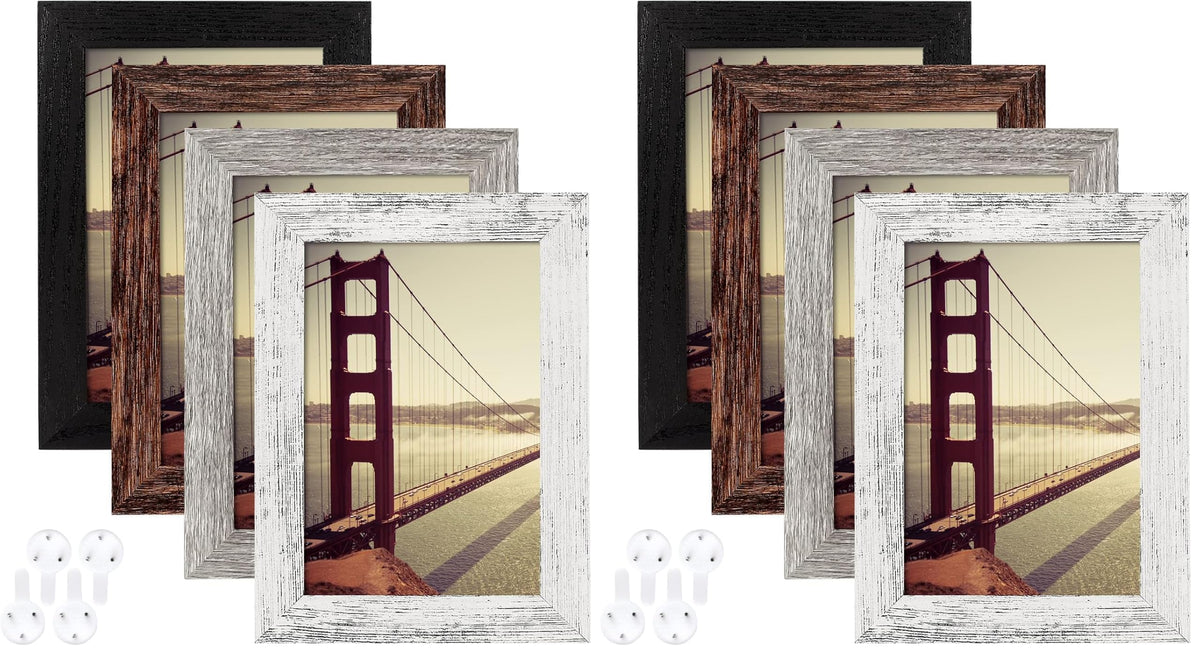 BAIJIALI 5x7 Picture Frame Distressed Farmhouse Wood Pattern Set of 4,Display 4x6 with Mat or 5x7 Without Mat,Multicolour