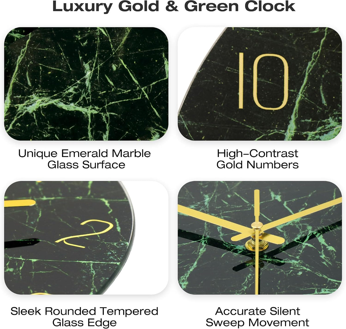 VIKMARI 12inch Emerald Green Abstract Marble Glass Wall Clock Kitchen Decor