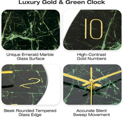 VIKMARI 12inch Emerald Green Abstract Marble Glass Wall Clock Kitchen Decor