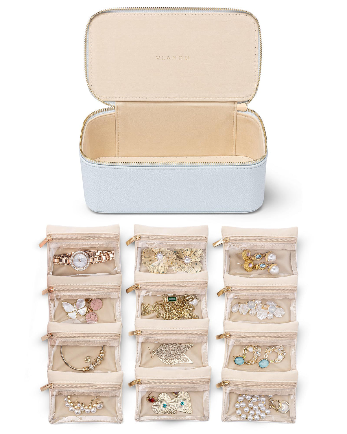 VLANDO Jewelry Boxes for Women with 12 Clear Velvet Zipper Pouches,Green