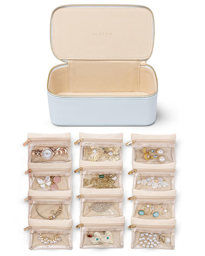 VLANDO Jewelry Boxes for Women with 12 Clear Velvet Zipper Pouches,Green